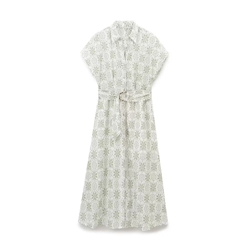 Spring and summer new women's fashion lapel short sleeved dress with waist belt for slimming embroidered MIDI dress
Spring and summer new women's fashion lapel short sleeved dress with waist belt for slimming embroidered MIDI dress