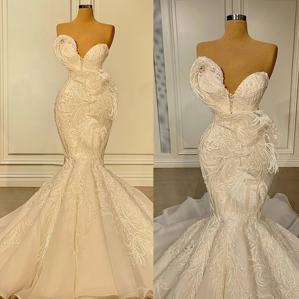 Elegant Mermaid Wedding Dresses For Women Appliques Sweetheart Bridal Gown Slim Fit Sleeveless Sweep Train Robe De Mariée
Elegant Mermaid Wedding Dresses For Women Appliques Sweetheart Bridal Gown Slim Fit Sleeveless Sweep Train Robe De Mariée
