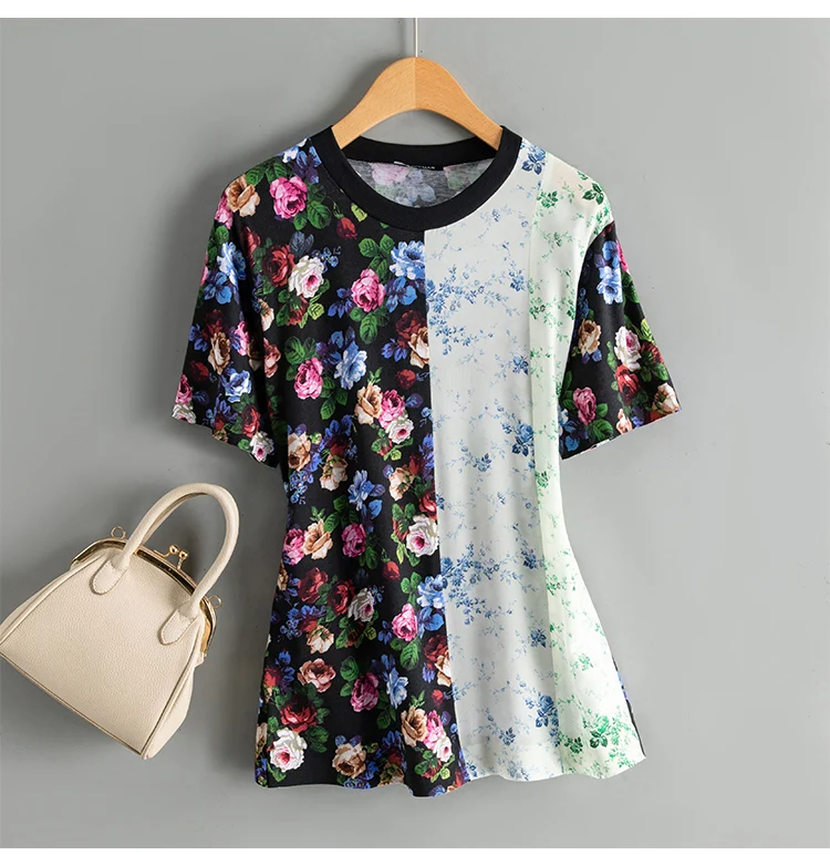 New silk cotton short sleeved t-shirt women's printed loose thin round neck spliced top
New silk cotton short sleeved t-shirt women's printed loose thin round neck spliced top