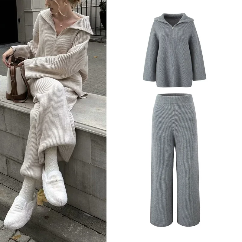 Faionable Knitted Set for Women Loose Wide Leg High Waist Sweater Overhead Zipper Long Pants Autumn Winter New Arrival
Faionable Knitted Set for Women Loose Wide Leg High Waist Sweater Overhead Zipper Long Pants Autumn Winter New Arrival