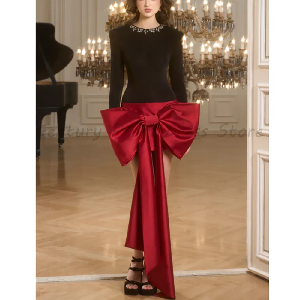 Black and Red Long Sleeve Evening Dress with Beaded Neckline Satin Oversized Bow Asymmetrical Skirt Formal Party Gown
Black and Red Long Sleeve Evening Dress with Beaded Neckline Satin Oversized Bow Asymmetrical Skirt Formal Party Gown