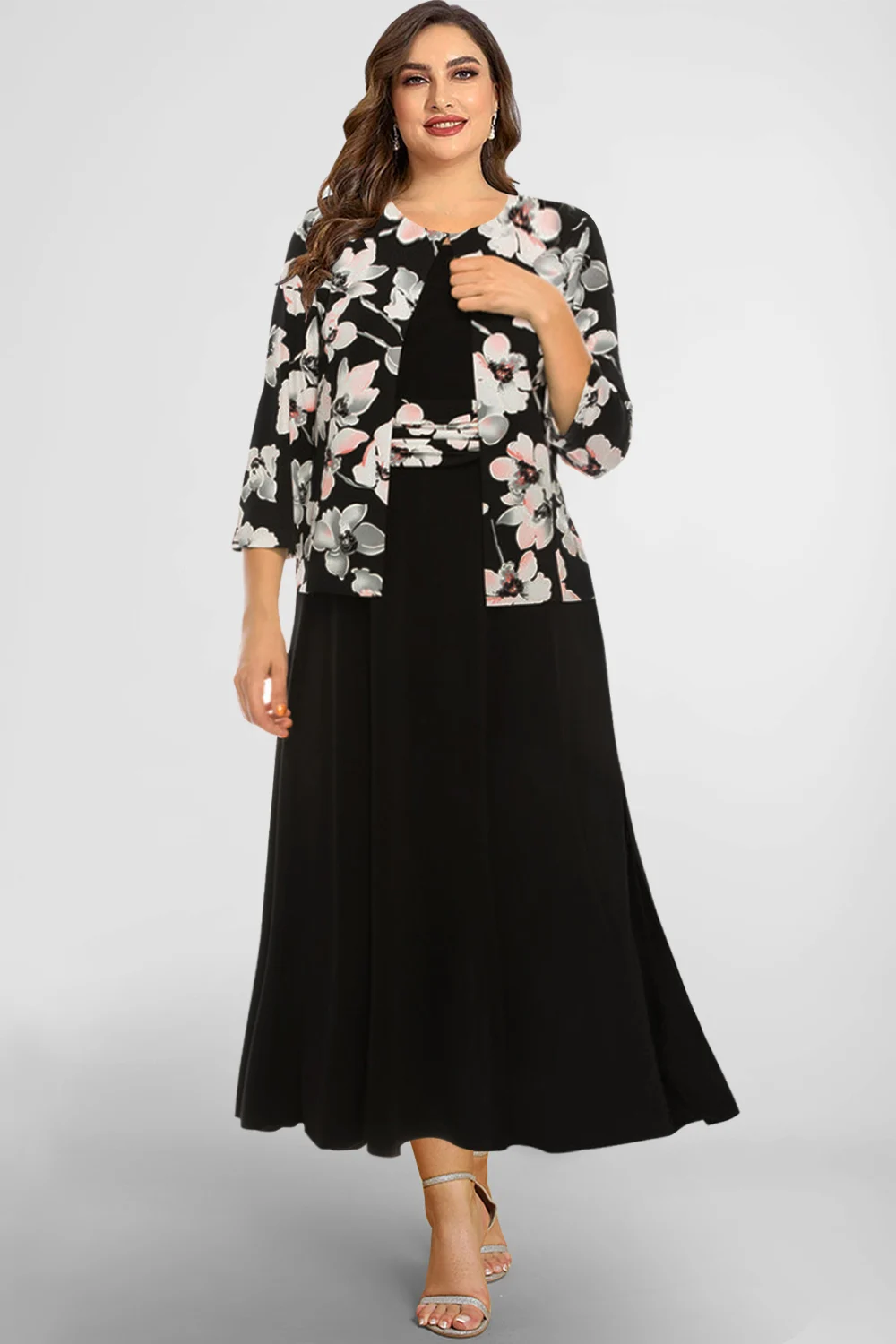 Women's Black Floral Print Maxi Dress Plus Size Two Pieces With 3/4 Sleeve Jacket Fashion Slim Fit Versatile Casual Dresses
Women's Black Floral Print Maxi Dress Plus Size Two Pieces With 3/4 Sleeve Jacket Fashion Slim Fit Versatile Casual Dresses
