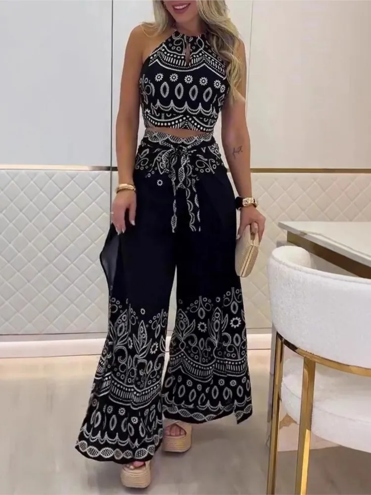 Elegant 2 Piece Set Women Sexy Backless Keyhole Neck Sleeveless Top And Wide Leg Pants Sets Woman Y2K New Fashion Print Outfits
Elegant 2 Piece Set Women Sexy Backless Keyhole Neck Sleeveless Top And Wide Leg Pants Sets Woman Y2K New Fashion Print Outfits