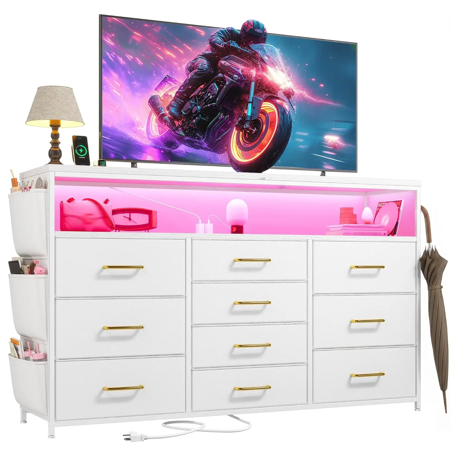 55" TV Stand Dresser with 10 Drawers LED Power Outlets Shelves Side Pockets Hooks Bedroom Hallway White Customized
55" TV Stand Dresser with 10 Drawers LED Power Outlets Shelves Side Pockets Hooks Bedroom Hallway White Customized