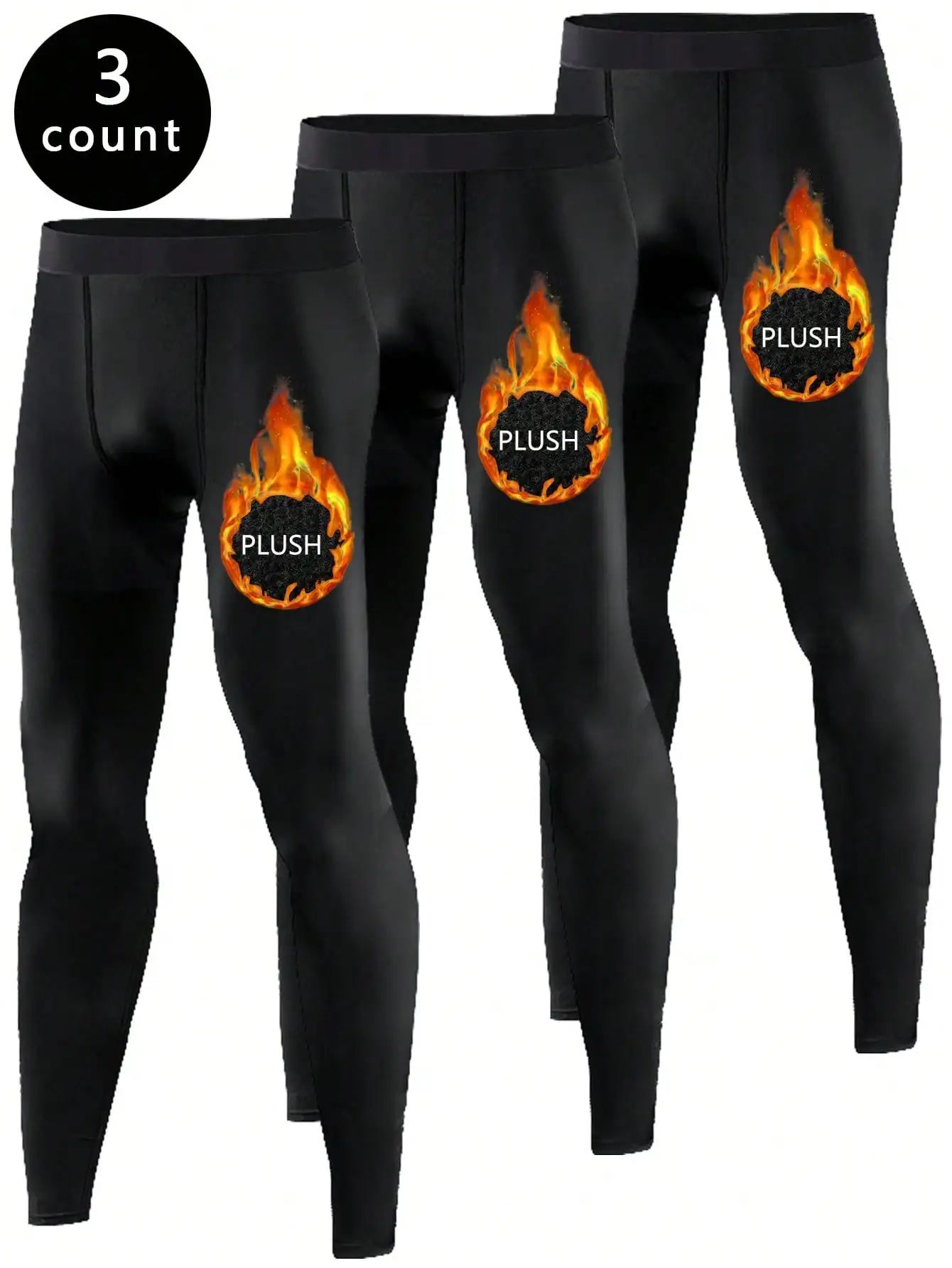 3-Pack Black Thermal Compression Pants with Flame Plush Graphic for Men
3-Pack Black Thermal Compression Pants with Flame Plush Graphic for Men