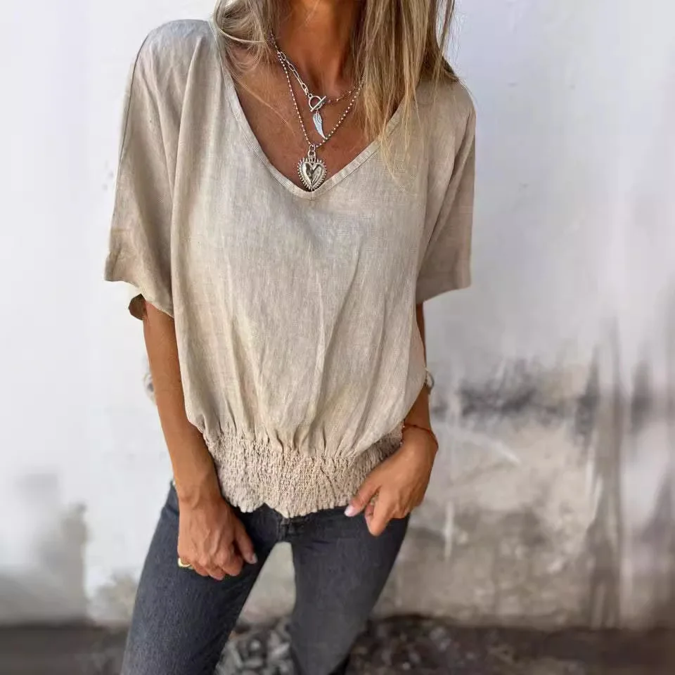 Summer Women's Cotton and Linen Shirt V-neck Loose Short-sleeved Casual Solid Color Basic Tops Vacation Simple T-Shirt
Summer Women's Cotton and Linen Shirt V-neck Loose Short-sleeved Casual Solid Color Basic Tops Vacation Simple T-Shirt