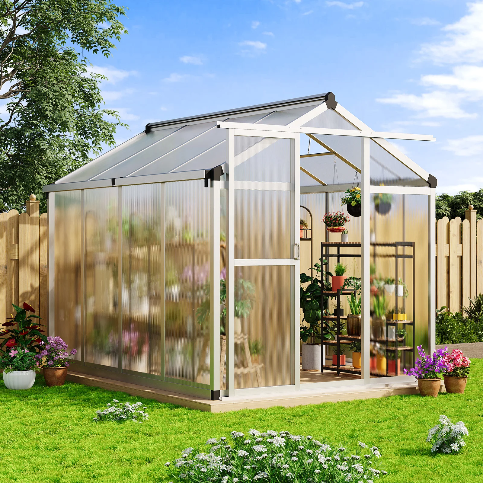6 x 8 x 6.5ft Heavy Duty Aluminum Walk-in Greenhouse, Large Outdoor Garden Patio Shelter with Polycarbonate Panels, Roof Vent, Quick Setup & UV Protection
6 x 8 x 6.5ft Heavy Duty Aluminum Walk-in Greenhouse, Large Outdoor Garden Patio Shelter with Polycarbonate Panels, Roof Vent, Quick Setup & UV Protection