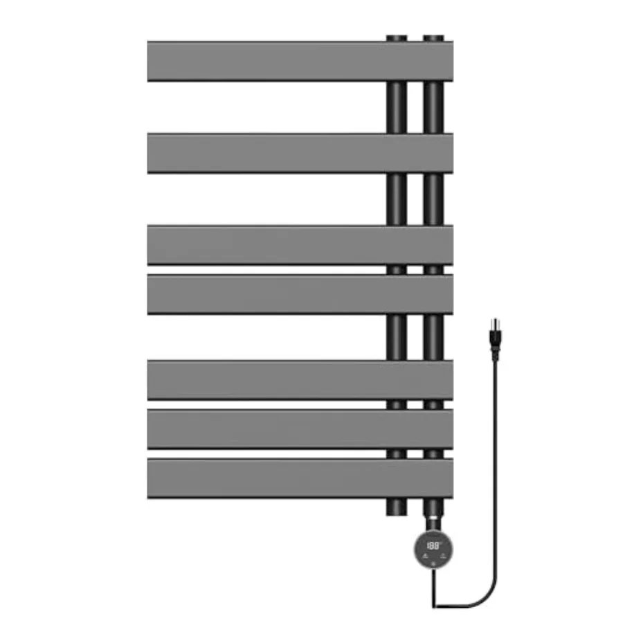 Electric towel warmer for bathroom use, matte black stainless steel, 6-level heating with 4-mode timer, flat 8-bar design, H31.
Electric towel warmer for bathroom use, matte black stainless steel, 6-level heating with 4-mode timer, flat 8-bar design, H31.