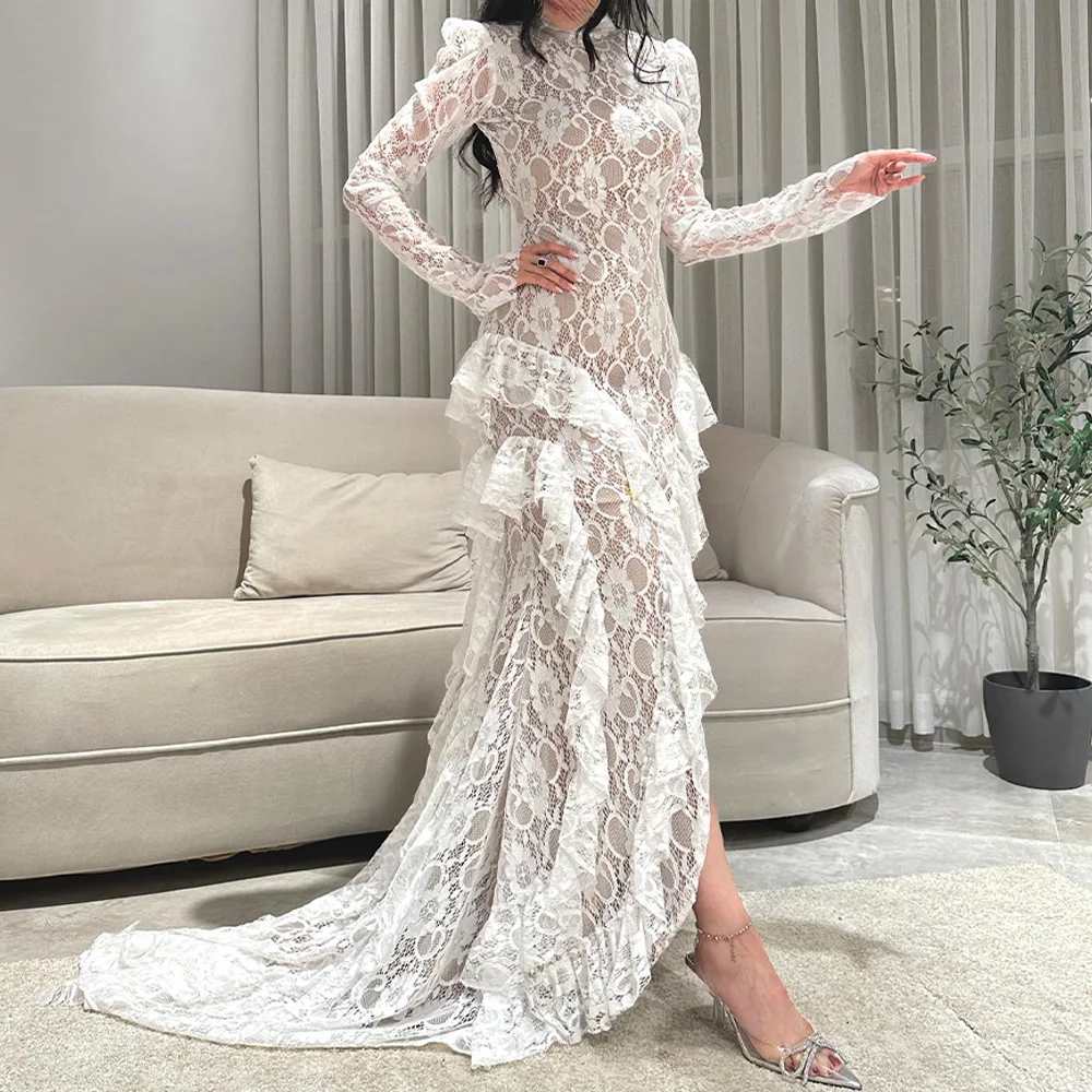 High Collar Lace Backless Long Sleeves Ruffles Floor Length High-Low Sweep Train Zipper Back Elegant Evening Dresses Custom Size
High Collar Lace Backless Long Sleeves Ruffles Floor Length High-Low Sweep Train Zipper Back Elegant Evening Dresses Custom Size