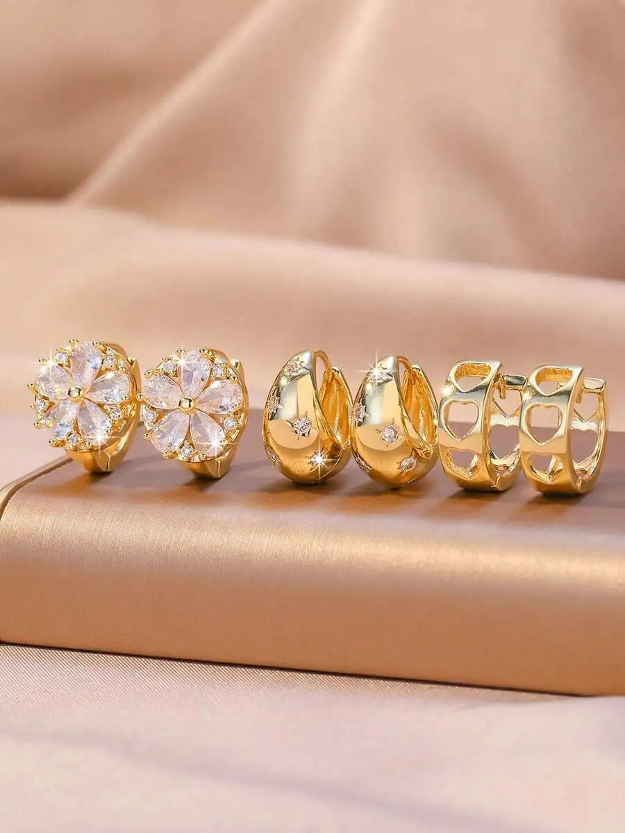 3 Pairs Cubic Zirconia Plated Earrings Set For Women Water Drop Flower Hollow Heart Elegant Daily Festival Date Gift
3 Pairs Cubic Zirconia Plated Earrings Set For Women Water Drop Flower Hollow Heart Elegant Daily Festival Date Gift