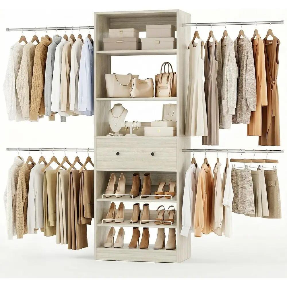 Expandable 4-9 Tier Walk-in Closet Organizer with Drawers and Hanging Bars, White Oak Finish
Expandable 4-9 Tier Walk-in Closet Organizer with Drawers and Hanging Bars, White Oak Finish
