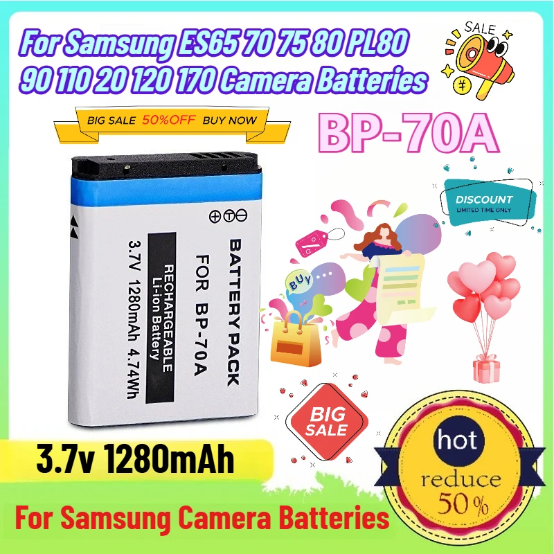 3.7v 1280mAh BP-70A battery for Samsung ES65 70 75 80 PL80 90 110 20 120 170 Camera Batteries
3.7v 1280mAh BP-70A battery for Samsung ES65 70 75 80 PL80 90 110 20 120 170 Camera Batteries