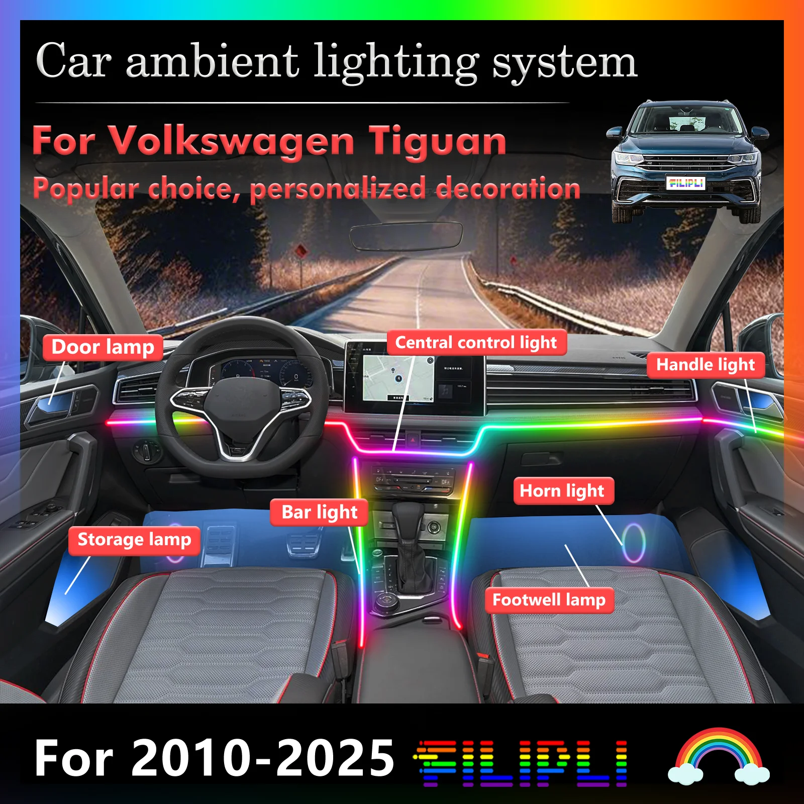 Для Volkswagen Tiguan RGB 64 цвета светодиодный умный пульт дистанционного управления салона автомобиля окружающее освещение энергосберегающий эффективный набор ламп
Для Volkswagen Tiguan RGB 64 цвета светодиодный умный пульт дистанционного управления салона автомобиля окружающее освещение энергосберегающий эффективный набор ламп