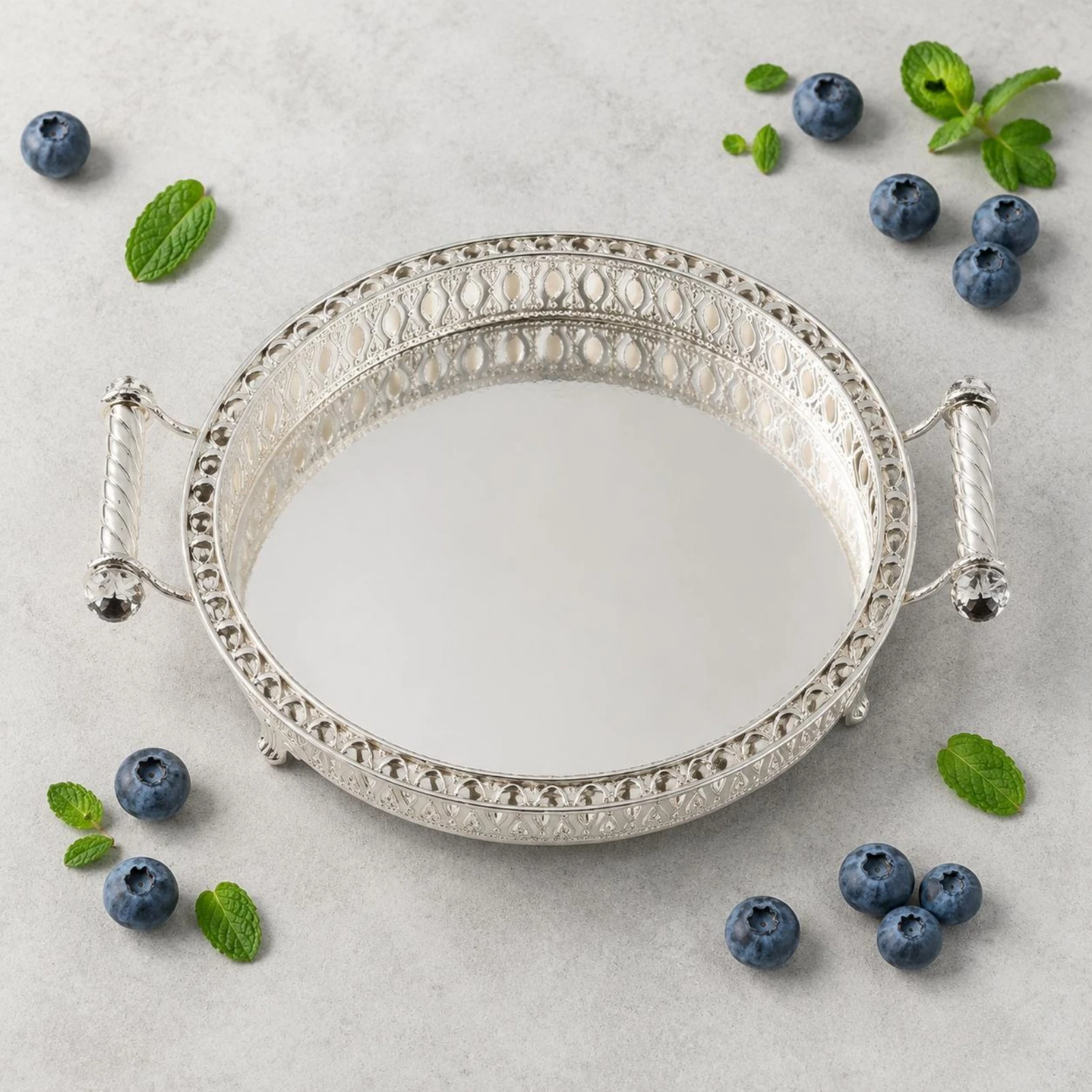 Filigree Tray Openwork Mirror Polished Round Tray Ornamental Platter Raised Rim Table Accent Standing Feet
Filigree Tray Openwork Mirror Polished Round Tray Ornamental Platter Raised Rim Table Accent Standing Feet