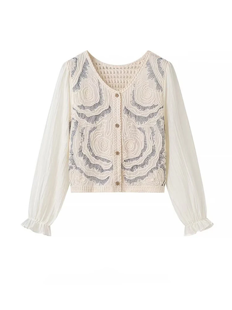 Fashion French Style Printed Hollow Splicing Shirt V-neck Single Breasted Long Sleeved Temperament Thin Shirt Autumn New 2025
Fashion French Style Printed Hollow Splicing Shirt V-neck Single Breasted Long Sleeved Temperament Thin Shirt Autumn New 2025