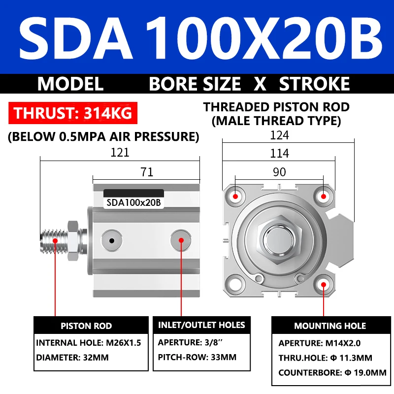 ABILKEEN SDA100X20B SDA Series Thin Air Cylinder 100MM Male Thread Bore X 20MM Stroke Double Acting Pneumatic Compact Cylinder
ABILKEEN SDA100X20B SDA Series Thin Air Cylinder 100MM Male Thread Bore X 20MM Stroke Double Acting Pneumatic Compact Cylinder