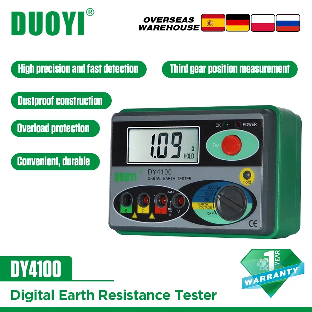 DUOYI DY4100 Earth Ground Resistance Meter 0-2000 Ohm LCD display Digital Instruments Inspection Electrician Resistance Tester
DUOYI DY4100 Earth Ground Resistance Meter 0-2000 Ohm LCD display Digital Instruments Inspection Electrician Resistance Tester