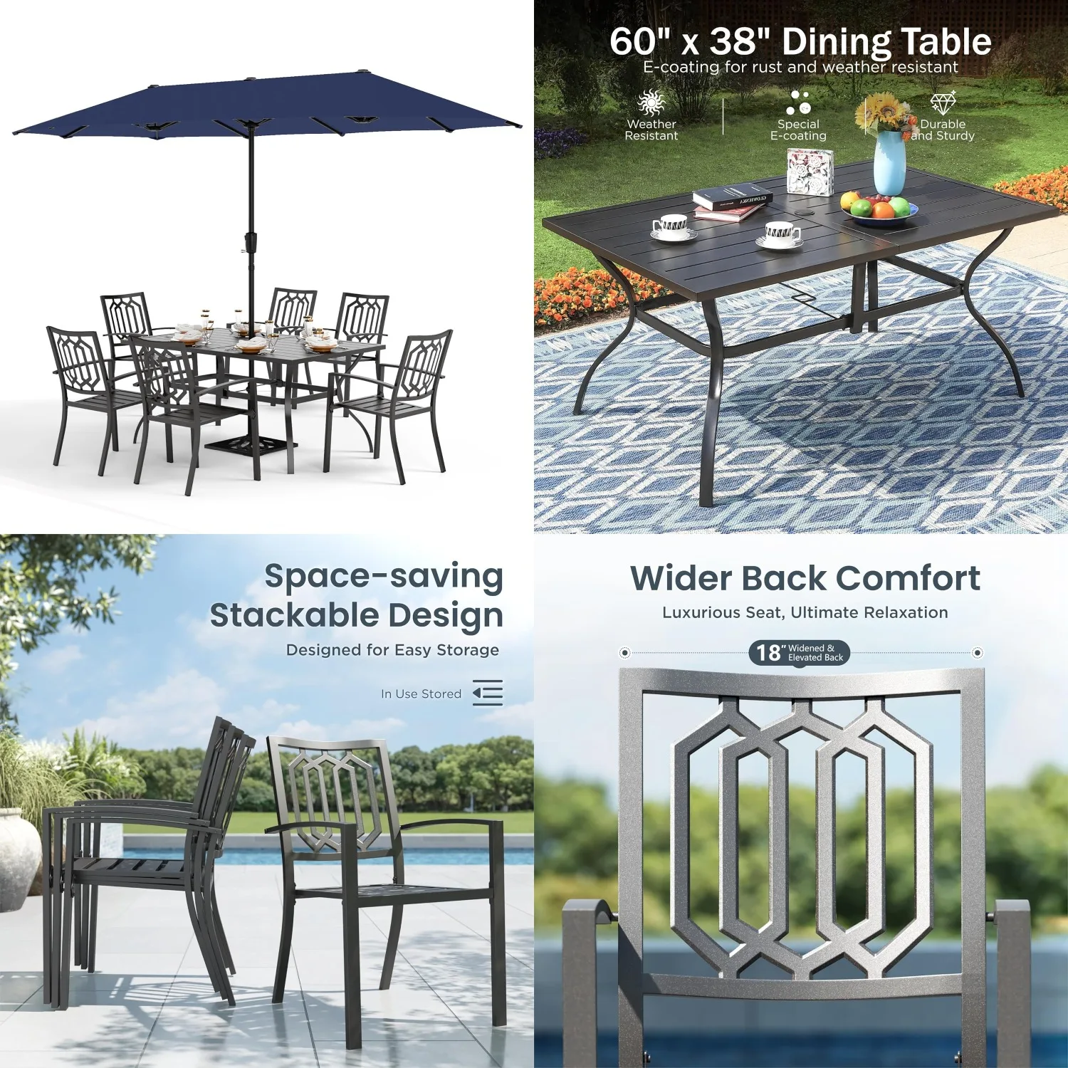 8PCS Metal Patio Dining Set 13ft Double Umbrella Stackable Chairs Rectangle Table Outdoor, Customized
8PCS Metal Patio Dining Set 13ft Double Umbrella Stackable Chairs Rectangle Table Outdoor, Customized