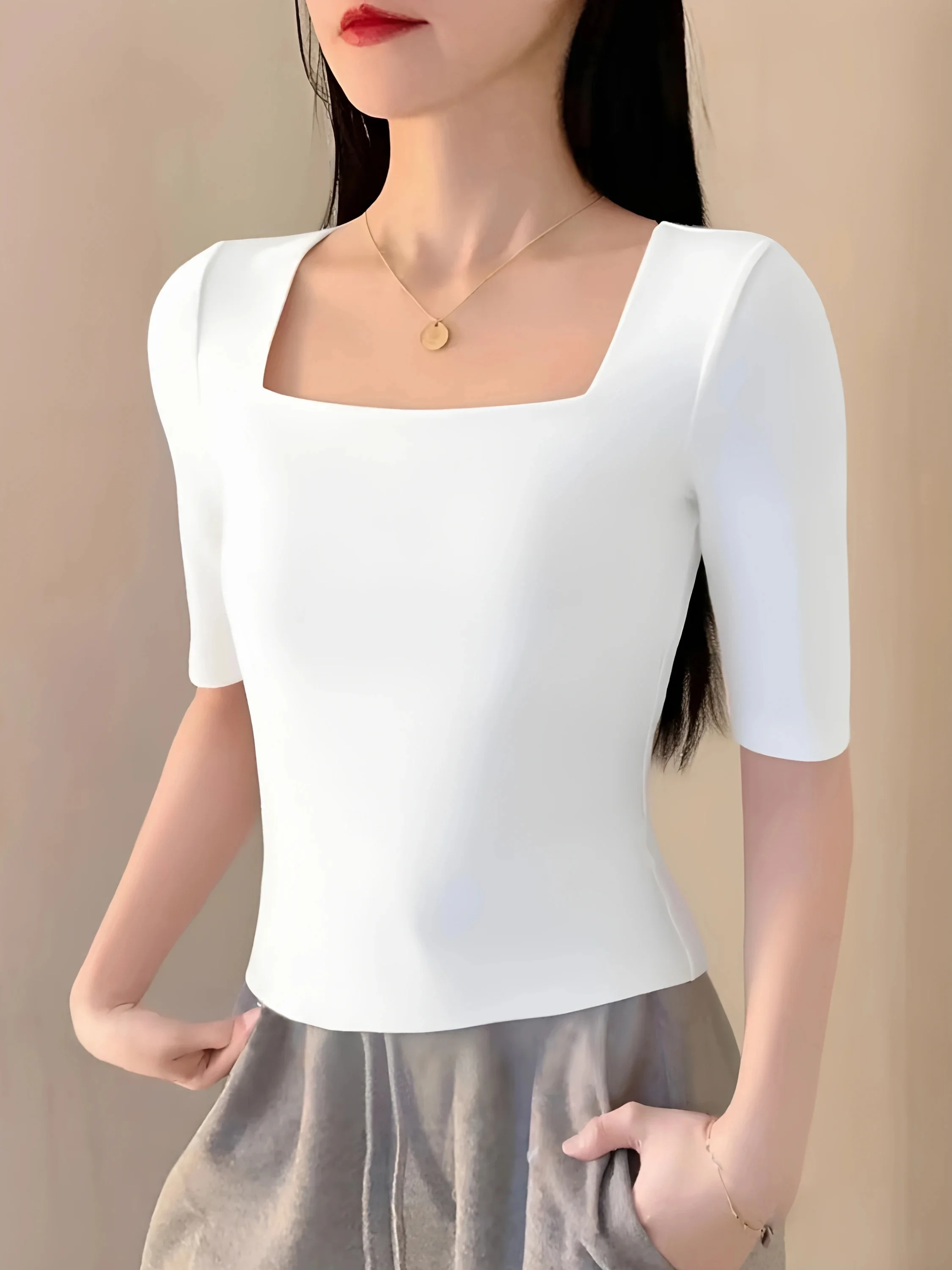 95 Cotton Square Collar mid Sleeve T Shirt Women Summer Slim Fit Half Sleeve Shoulder Appropriate Casual Top Elegant Design
95 Cotton Square Collar mid Sleeve T Shirt Women Summer Slim Fit Half Sleeve Shoulder Appropriate Casual Top Elegant Design