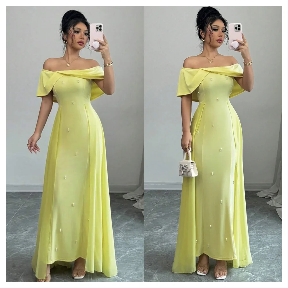 Customized Fashion Yellow Jersey Evening Dress Classic Boat Neck Off the Shoulder Sleeveless Party Dress Modern Celebrity Gowns
Customized Fashion Yellow Jersey Evening Dress Classic Boat Neck Off the Shoulder Sleeveless Party Dress Modern Celebrity Gowns