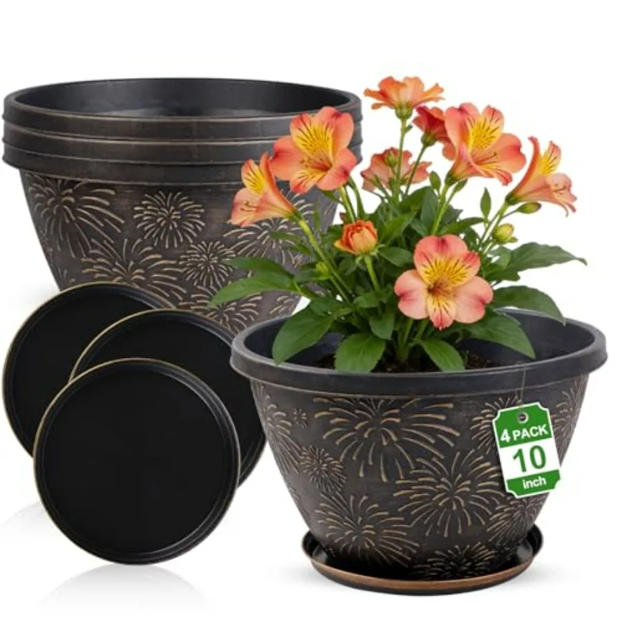 4 Pack Flower Pots with Drainage Holes and Saucers, Plant Pots for door Outdoor Plants, Antique Gold Firework Embossed Plastic
4 Pack Flower Pots with Drainage Holes and Saucers, Plant Pots for door Outdoor Plants, Antique Gold Firework Embossed Plastic