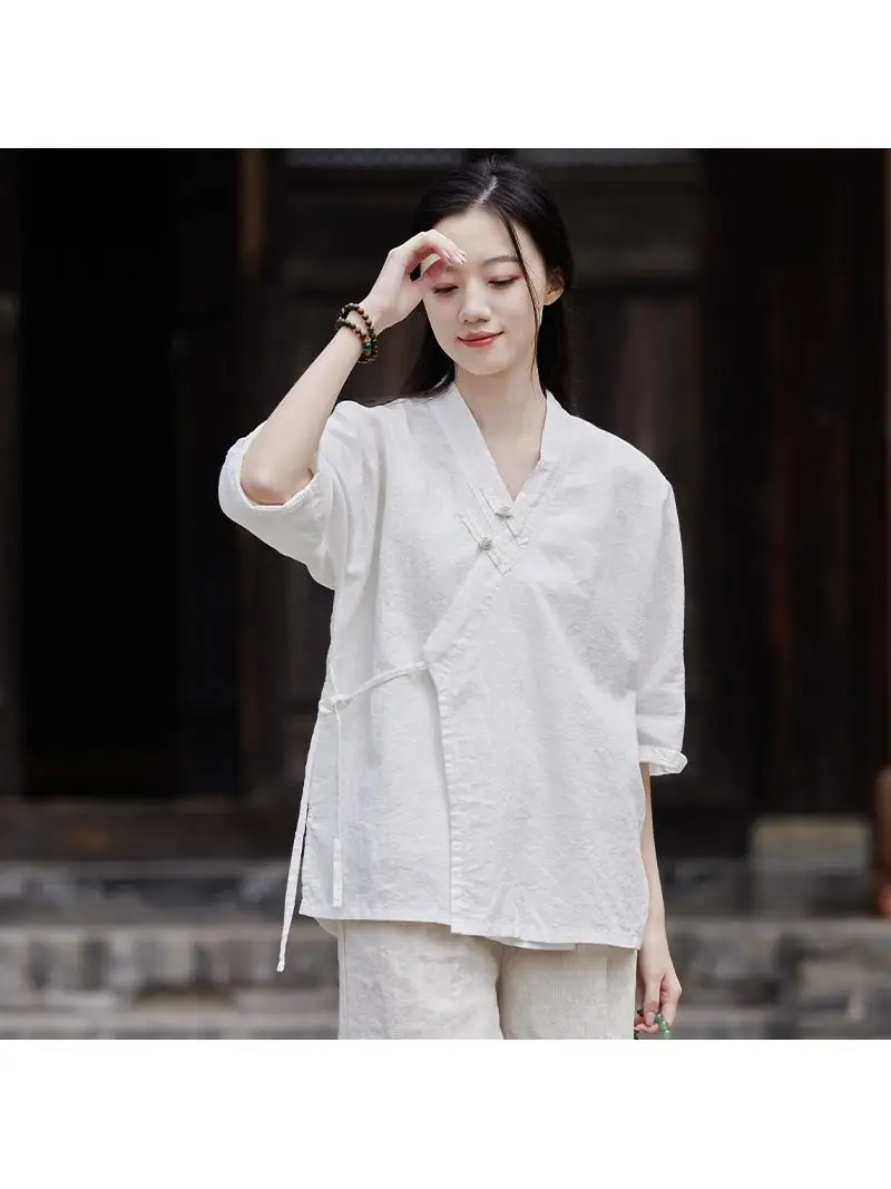 Women's Cotton Linen Summer New Style Short Sleeve Button up Top Thin Belted Modified Hanfu Zen Tea Clothing
Women's Cotton Linen Summer New Style Short Sleeve Button up Top Thin Belted Modified Hanfu Zen Tea Clothing