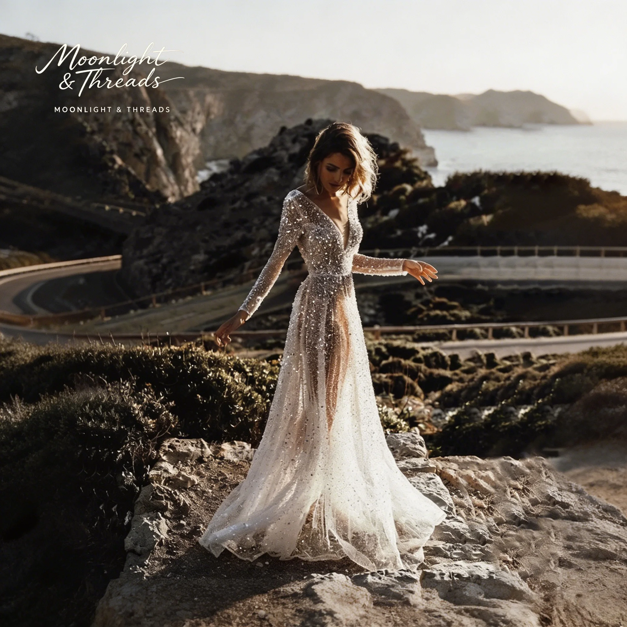 Floor-length white tulle gown with long sleeves a V-neck and sheer sequin detailing suitable for formal occasions and weddings
Floor-length white tulle gown with long sleeves a V-neck and sheer sequin detailing suitable for formal occasions and weddings
