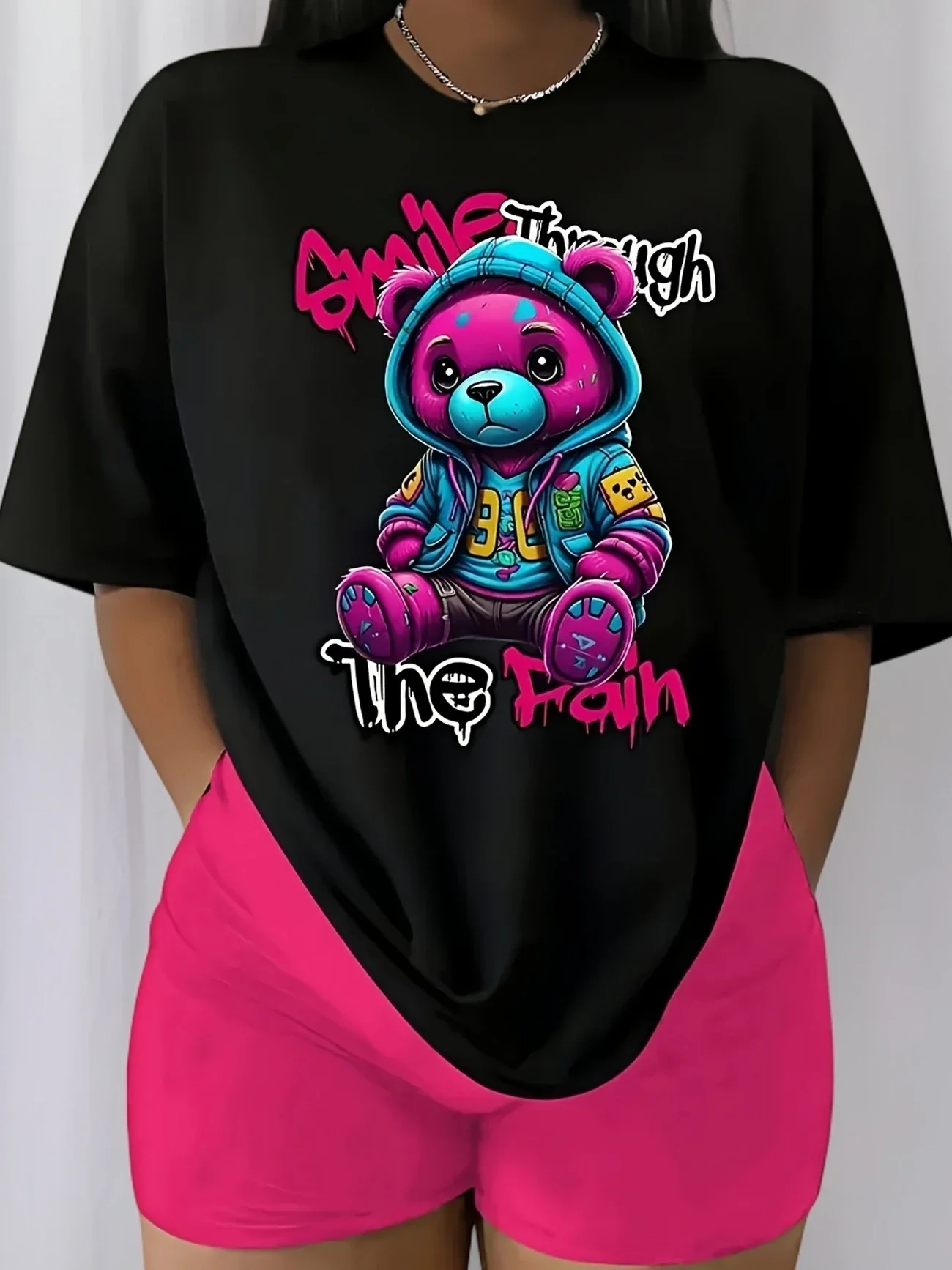 Plus - Size Cool Doll Bear Pattern T-shirt, Cropped Black - Sleeves, Creative Drawing Pattern, Comfortable Fabric 
Plus - Size Cool Doll Bear Pattern T-shirt, Cropped Black - Sleeves, Creative Drawing Pattern, Comfortable Fabric