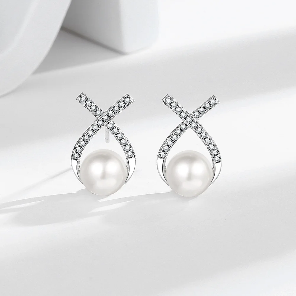 Elegant X Shaped Pearl Stud Earrings, Full Paved CZ Crystal Silver Earrings, Women's Pearl Drop Earrings, Wedding Jewelry
Elegant X Shaped Pearl Stud Earrings, Full Paved CZ Crystal Silver Earrings, Women's Pearl Drop Earrings, Wedding Jewelry