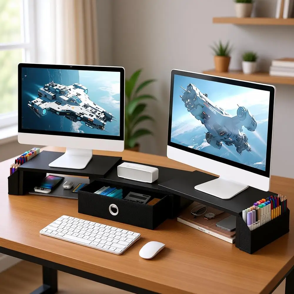 Dual Monitor Stand with Cable Management and Metal Legs, Adjustable Desk Organizer for Large Monitors or Two Displays, Storage a
Dual Monitor Stand with Cable Management and Metal Legs, Adjustable Desk Organizer for Large Monitors or Two Displays, Storage a