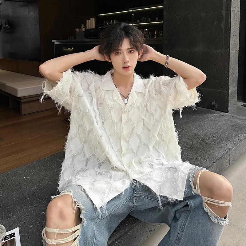 Men Loose Short Sleeve Shirt Small Suit Collar Diamond Frayed Edges Unique Design Casual Trendy Mens Fashion Boho Chic Style
Men Loose Short Sleeve Shirt Small Suit Collar Diamond Frayed Edges Unique Design Casual Trendy Mens Fashion Boho Chic Style