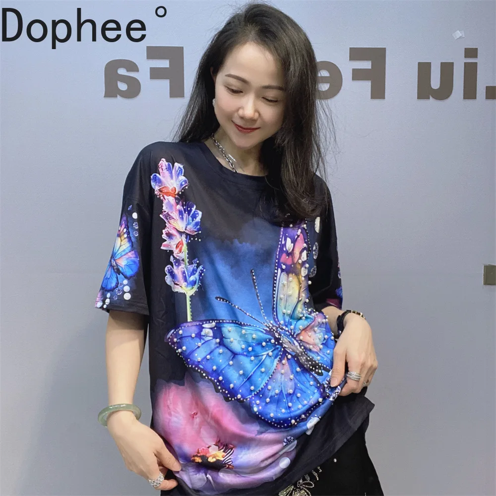 2025 New Summer Loose Women Pullover Top Cute Butterfly Diamonds Beads Short Sleeve T-shirt Oversize Casual Tees Crew Neck
2025 New Summer Loose Women Pullover Top Cute Butterfly Diamonds Beads Short Sleeve T-shirt Oversize Casual Tees Crew Neck