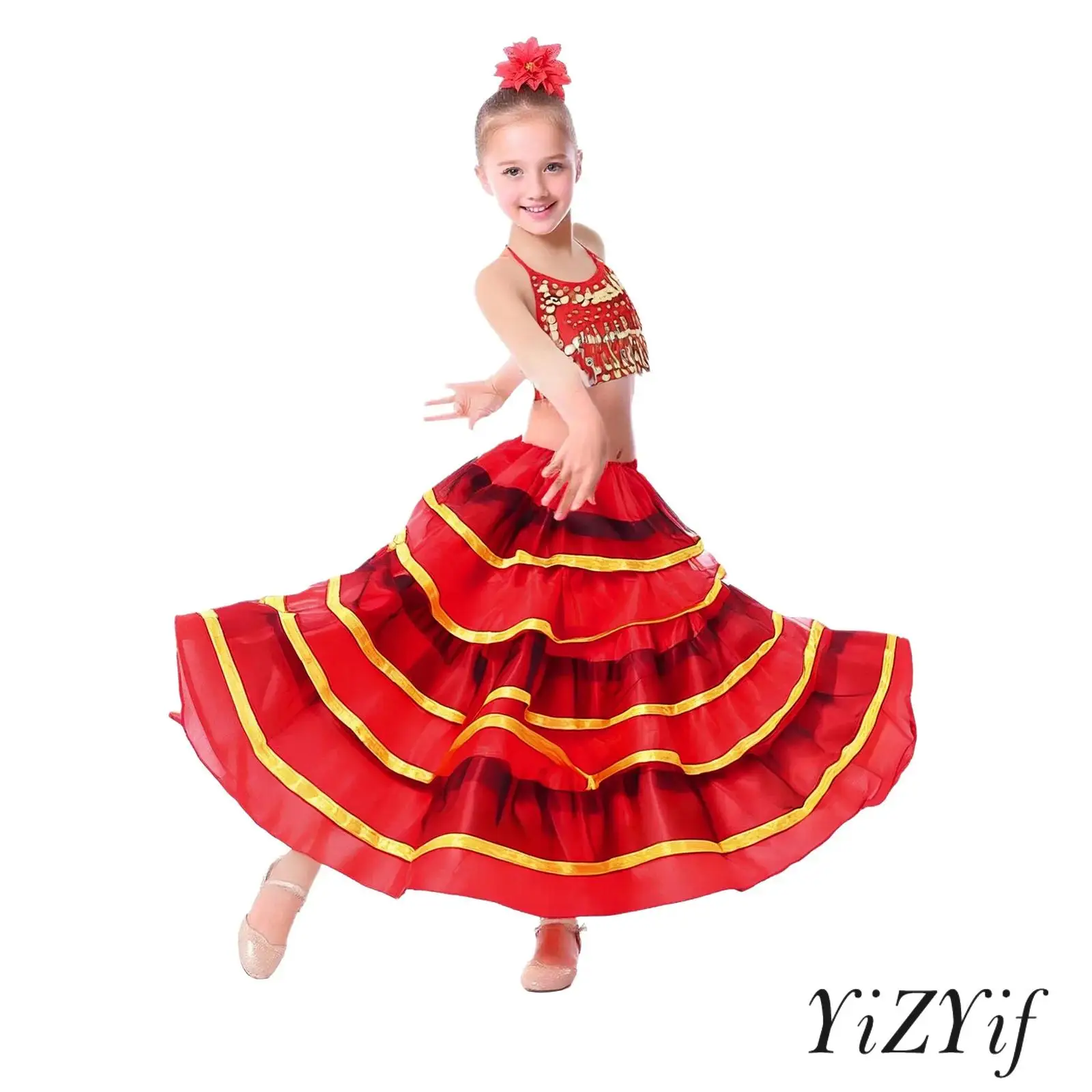 Girls 180 Degrees Wide Hemline Skirt Spanish Flamenco Ballroom Dance Performance Costume Contrast Color Tiered Ruffles Skirts
Girls 180 Degrees Wide Hemline Skirt Spanish Flamenco Ballroom Dance Performance Costume Contrast Color Tiered Ruffles Skirts
