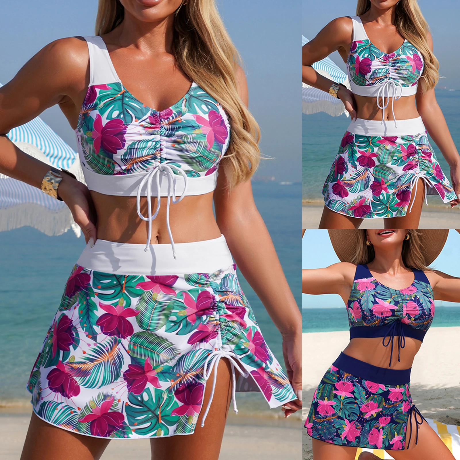 Sexy Tropical Print Bikini Set Summer Fashion Three-Piece Swimsuit Beach Vacation Colorful Floral Leaf Swimsuit
Sexy Tropical Print Bikini Set Summer Fashion Three-Piece Swimsuit Beach Vacation Colorful Floral Leaf Swimsuit
