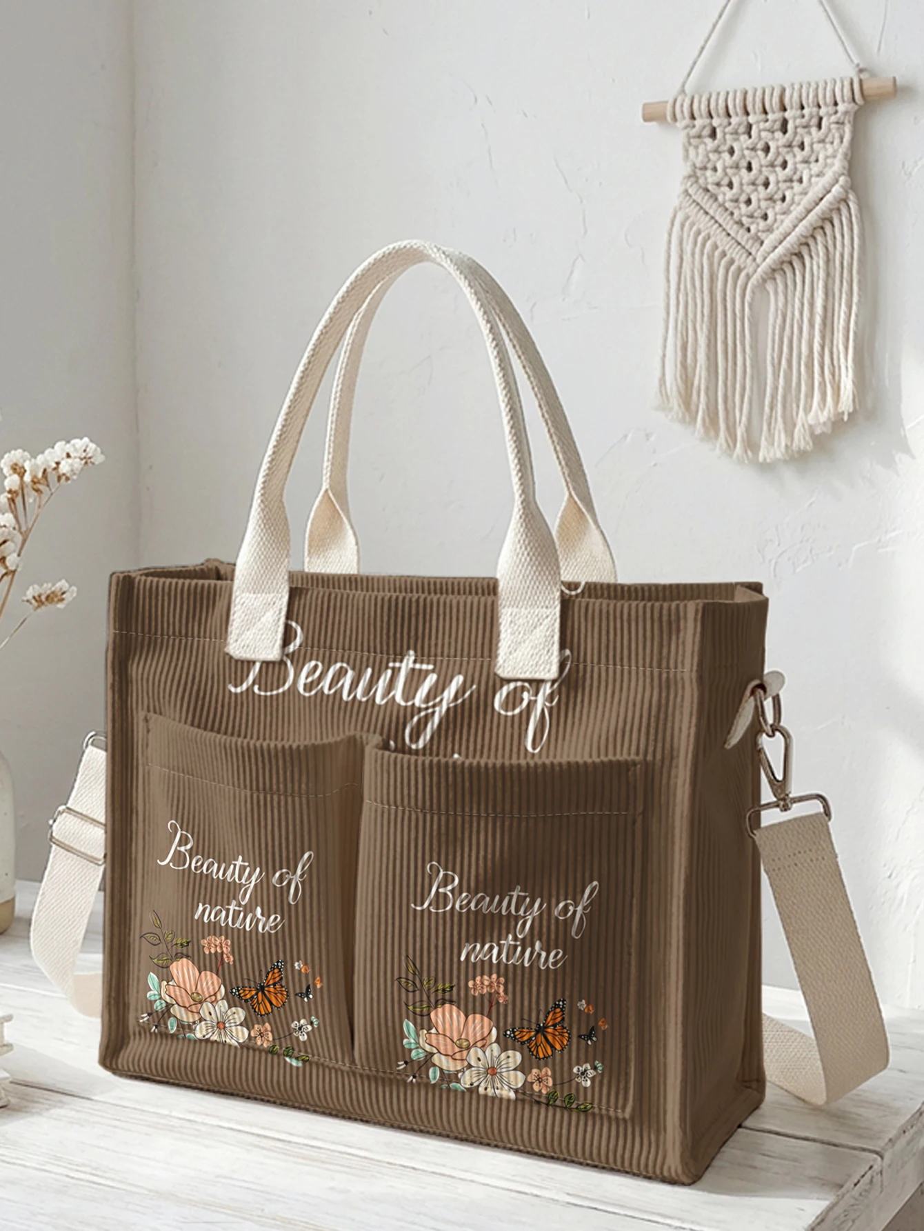 Butterfly Floral Print Brown Corduroy Tote Bag Large Capacity Multi Pocket Commuter Shoulder Bag
Butterfly Floral Print Brown Corduroy Tote Bag Large Capacity Multi Pocket Commuter Shoulder Bag
