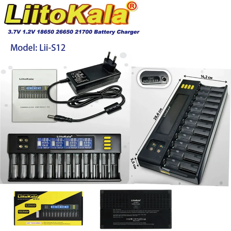 LiitoKala Lii-S12 Battery Charger 12 Slots with LCD for Li-ion LiFePO4 Ni-MH Ni-Cd Compatible with 9V 21700 26650 18350 18650 16
LiitoKala Lii-S12 Battery Charger 12 Slots with LCD for Li-ion LiFePO4 Ni-MH Ni-Cd Compatible with 9V 21700 26650 18350 18650 16