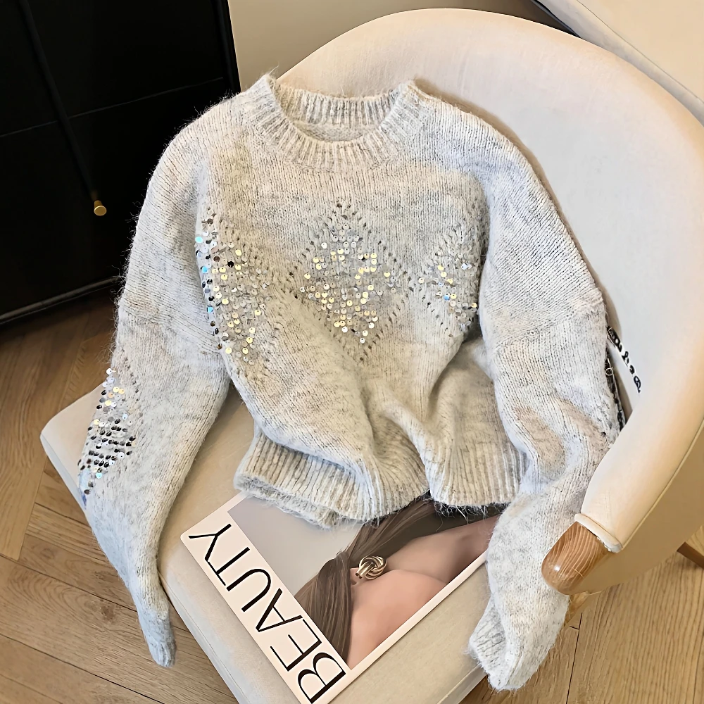 Женский свитер с круглым вырезом и блестками во французском стиле в западном стиле, свободный тонкий шикарный топ на осень-зиму
Женский свитер с круглым вырезом и блестками во французском стиле в западном стиле, свободный тонкий шикарный топ на осень-зиму