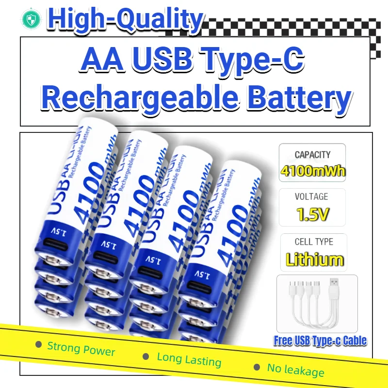 1.5V AA USB-C Rechargeable Battery Li-ion 4100mWh Long Lasting for Remote Control, Smart Door Lock, Mouse, Toys 
1.5V AA USB-C Rechargeable Battery Li-ion 4100mWh Long Lasting for Remote Control, Smart Door Lock, Mouse, Toys