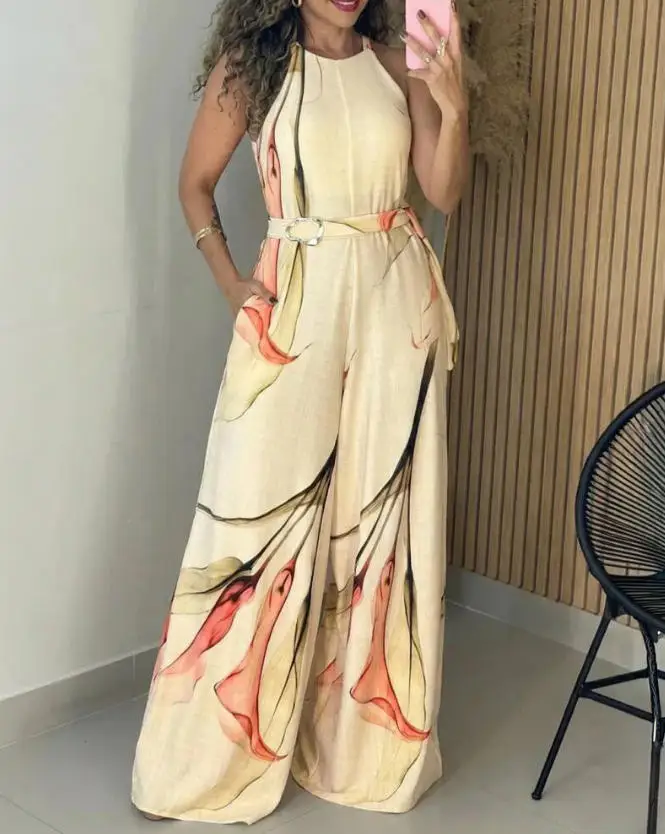 Women's Jumpsuit Personalized Vacation Style Floral Print Round Neck Waistband with Cinched Waist Sleeveless Wide Leg Jumpsuit
Women's Jumpsuit Personalized Vacation Style Floral Print Round Neck Waistband with Cinched Waist Sleeveless Wide Leg Jumpsuit