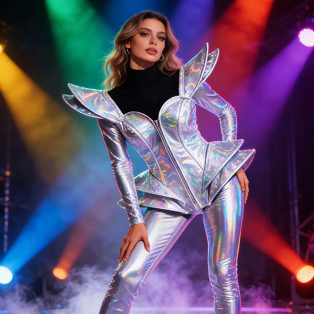 Silver Leather Fly Shoulder Bodysuit Women Singer Bar Concert Stage Performance Clothes Halloween Cosplay Drag Queen Costume
Silver Leather Fly Shoulder Bodysuit Women Singer Bar Concert Stage Performance Clothes Halloween Cosplay Drag Queen Costume