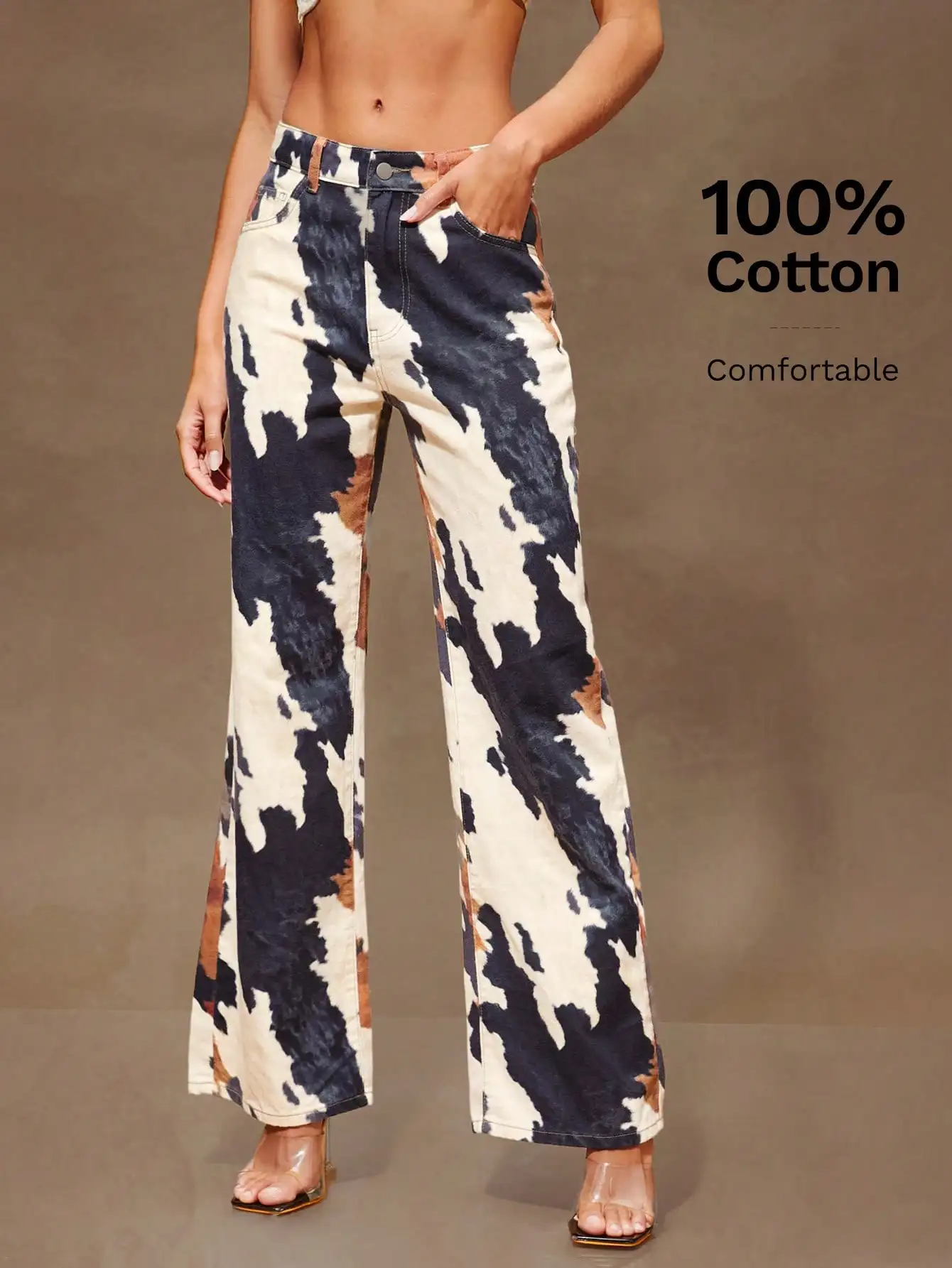 Женские джинсы с низкой посадкой и широкими штанинами, с принтом под коровью кожу, 100% хлопок
Женские джинсы с низкой посадкой и широкими штанинами, с принтом под коровью кожу, 100% хлопок