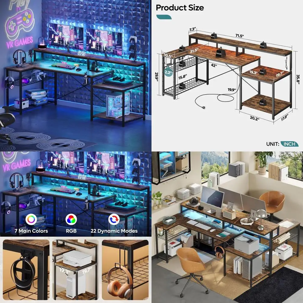 L-Shaped LED Computer Desk with Power Outlets, Storage, Cup Holder & Hooks
L-Shaped LED Computer Desk with Power Outlets, Storage, Cup Holder & Hooks