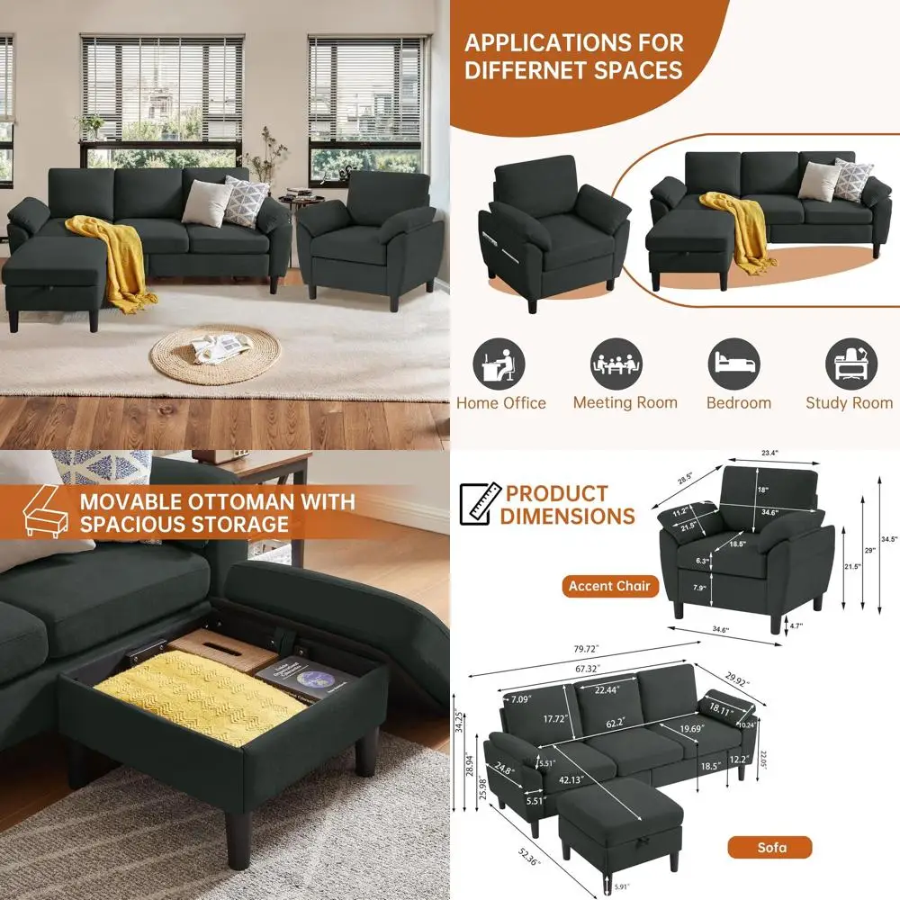 3-Piece L-Shape Couch Set with Ottoman and Accent Chair, Polyester Fabric, Black for Living Room
3-Piece L-Shape Couch Set with Ottoman and Accent Chair, Polyester Fabric, Black for Living Room