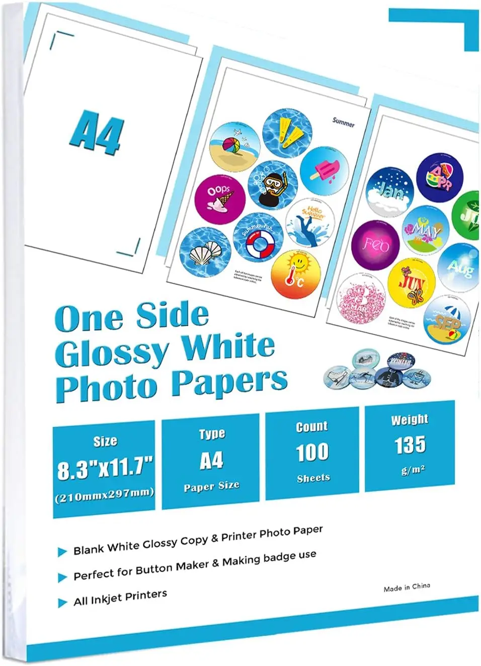 One Side Glossy Photo Paper A4 (135g) for Button Maker Use, High-Quality and Durable
One Side Glossy Photo Paper A4 (135g) for Button Maker Use, High-Quality and Durable