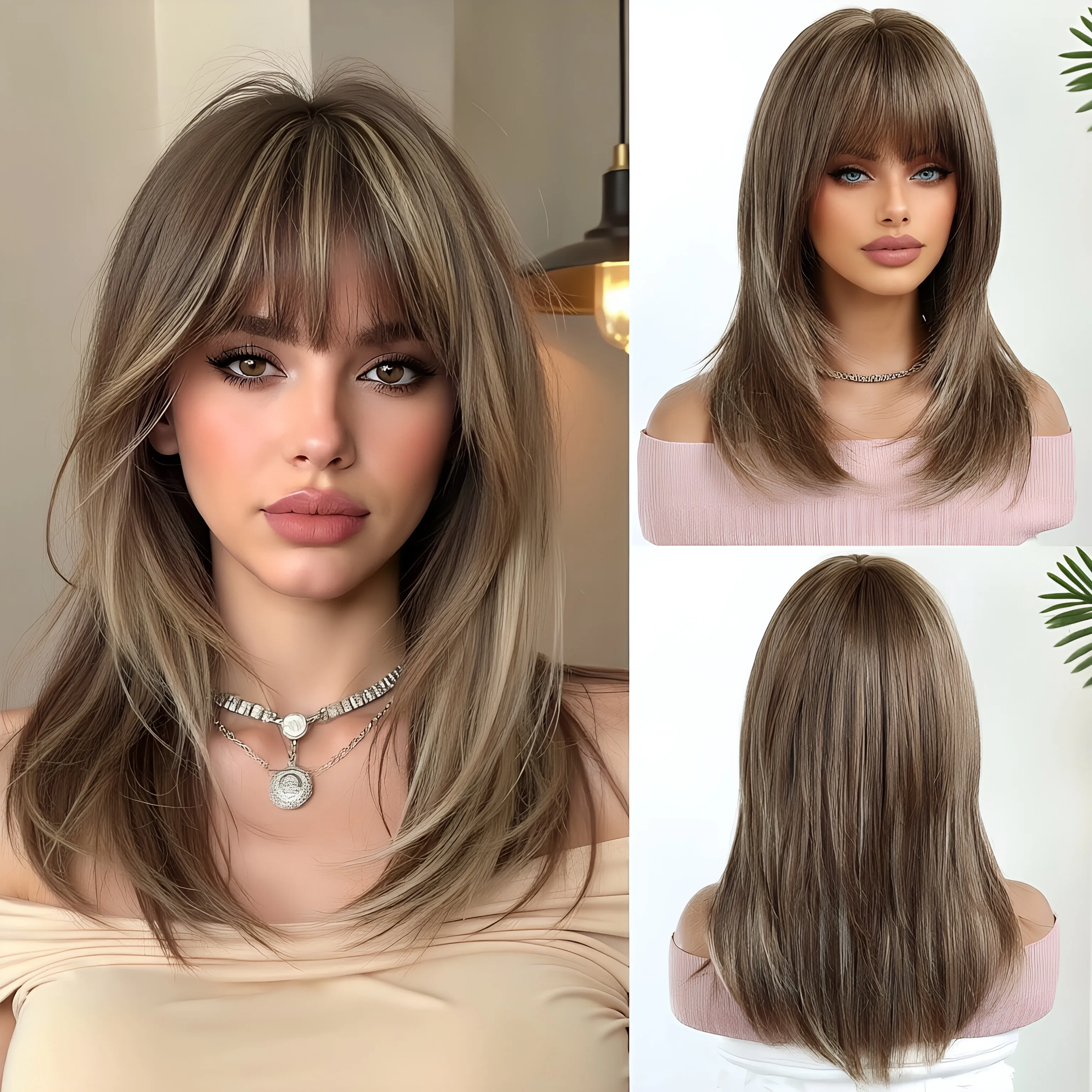 Daily light brown wig, headband, temperament, shoulder length hair, full head shape, women's rose net mechanism, synthetic hair
Daily light brown wig, headband, temperament, shoulder length hair, full head shape, women's rose net mechanism, synthetic hair