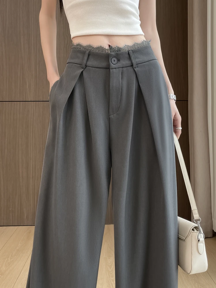 Elegant Grey Suit Pants Women's Summer Style Lace Trim Splicing High Waist Slimming Loose Drapey Floor-Length Wide Leg Pants
Elegant Grey Suit Pants Women's Summer Style Lace Trim Splicing High Waist Slimming Loose Drapey Floor-Length Wide Leg Pants
