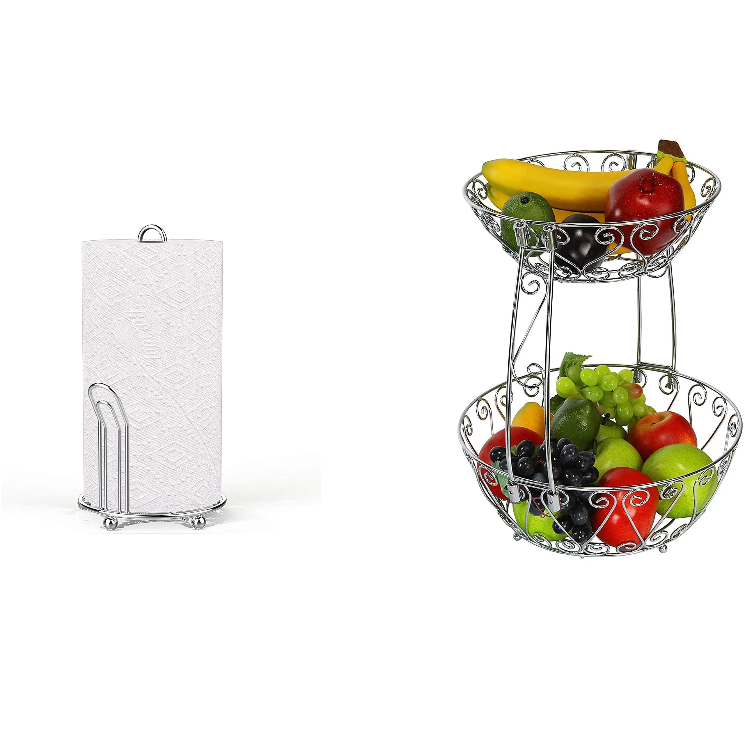 Chrome Paper Towel Dispenser With Two-Tier Wire Fruit Basket For Kitchen Counter Organization
Chrome Paper Towel Dispenser With Two-Tier Wire Fruit Basket For Kitchen Counter Organization