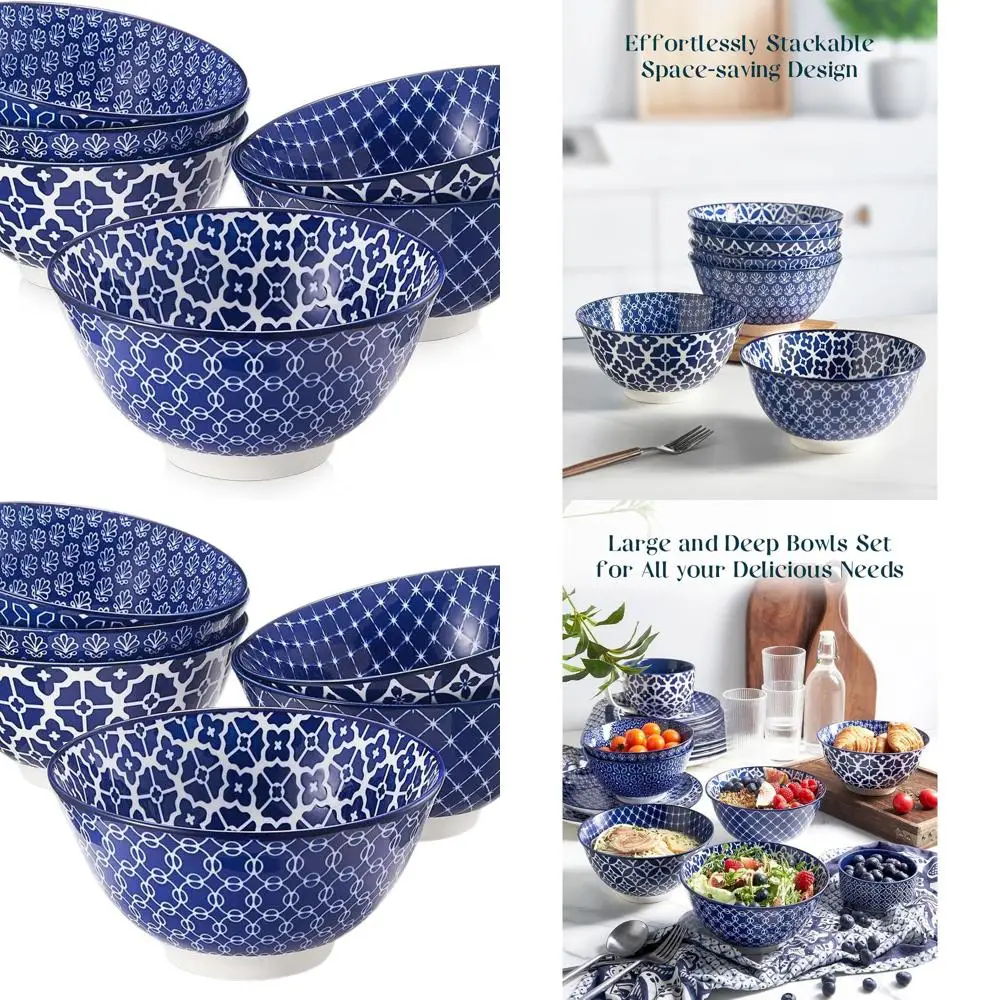 Set of 6 Vintage Blue Ceramic Deep Bowls - 33oz Large for Ramen, Pasta, Salad - Dishwasher & Microwave Safe Kitchenware
Set of 6 Vintage Blue Ceramic Deep Bowls - 33oz Large for Ramen, Pasta, Salad - Dishwasher & Microwave Safe Kitchenware