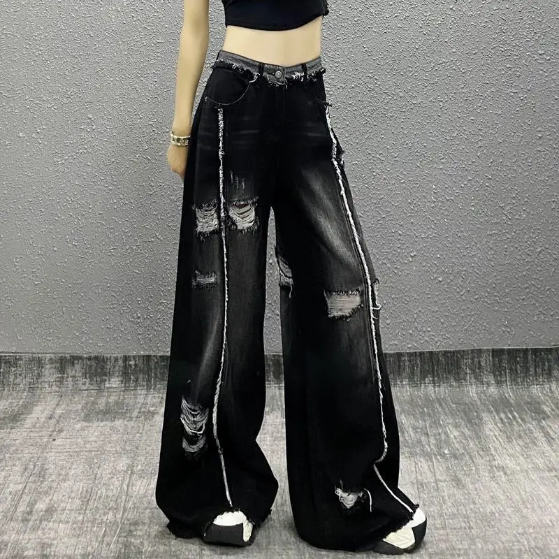Spicy Girl Hip Hop American Street Wide Legged Jeans for Women Striped Ragged Edge Spliced Perforated Oversizd Floor Mop Pants
Spicy Girl Hip Hop American Street Wide Legged Jeans for Women Striped Ragged Edge Spliced Perforated Oversizd Floor Mop Pants
