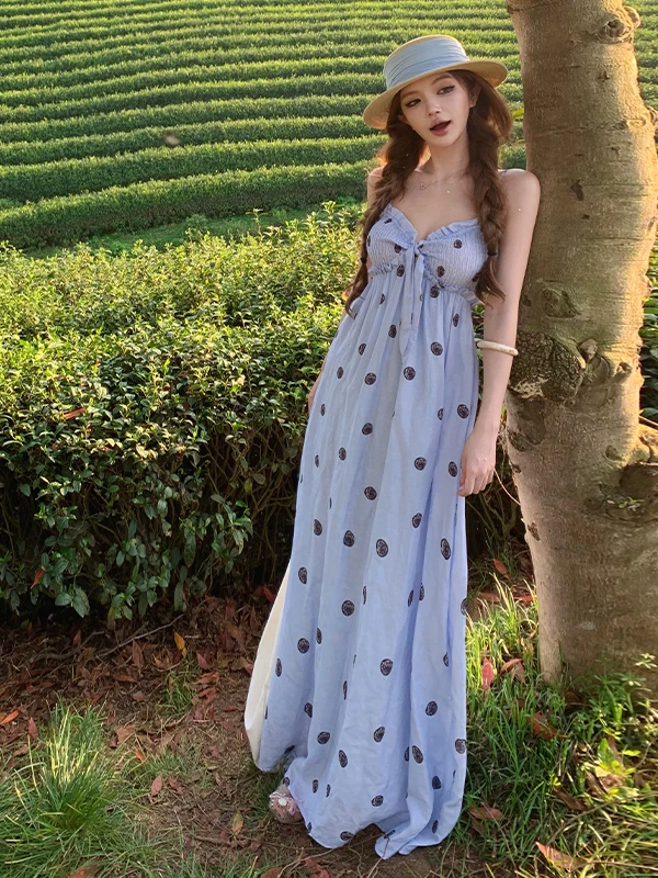 Beachy Vacation Long Dress Loose Knotty Blue Polka Dot Strapless Gown Women's Style Casual Summer Outfit Princess Cut V-Neck
Beachy Vacation Long Dress Loose Knotty Blue Polka Dot Strapless Gown Women's Style Casual Summer Outfit Princess Cut V-Neck